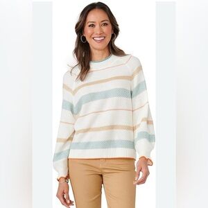 Democracy Cream and Blue Knit Sweater Size L Classic Casual Closet Staple Preppy